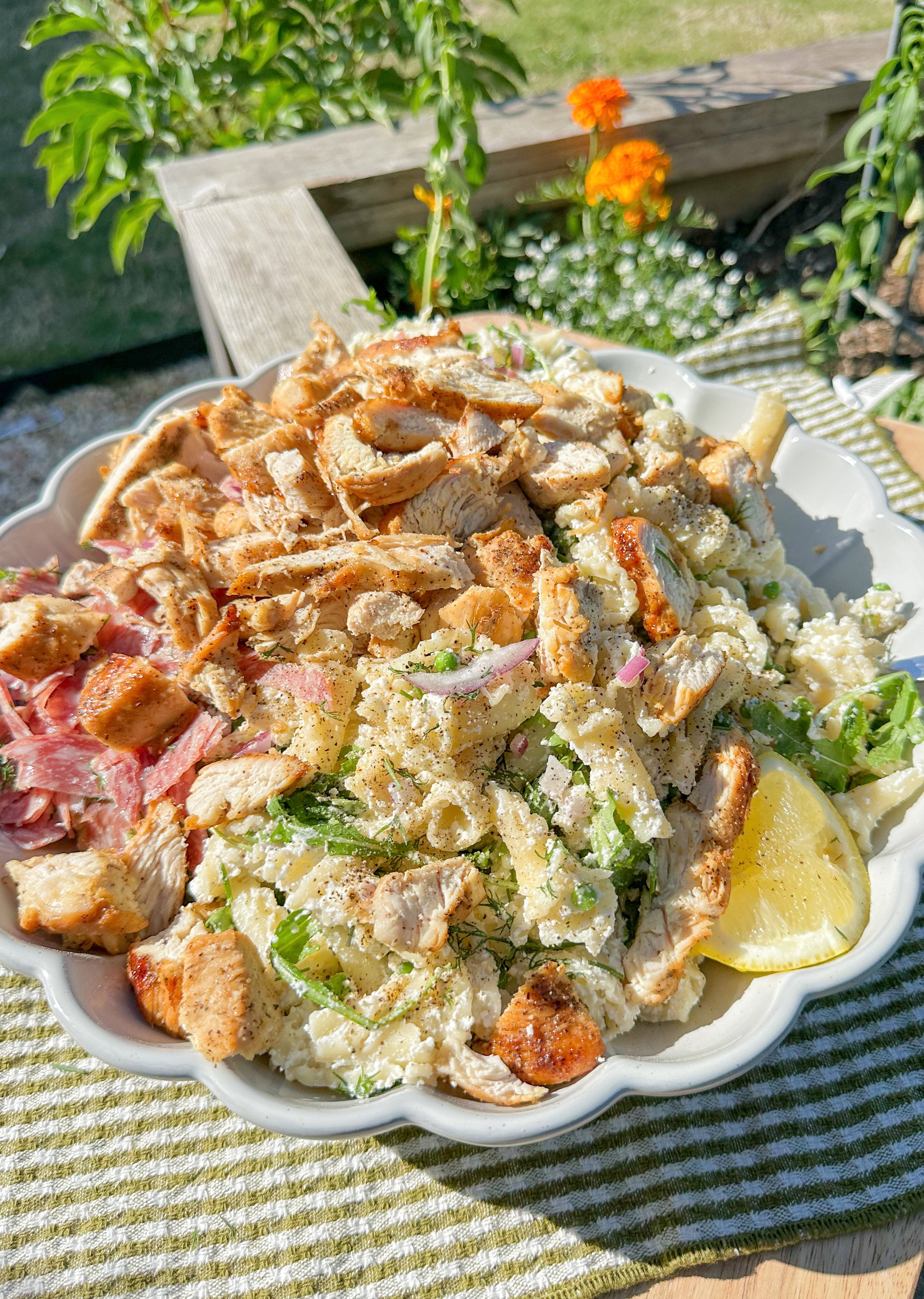 pasta salad, arugula, trader joes, salami, cold pasta salad recipe, ricotta, lemon ricotta pasta salad, pepper, sea salt, garlic, grilled chicken, healthy recipes, spring recipes, potluck, easy to make, lemon pasta, garlic, arugula salad, pasta salad for summer, summer recipes, beautiful pasta