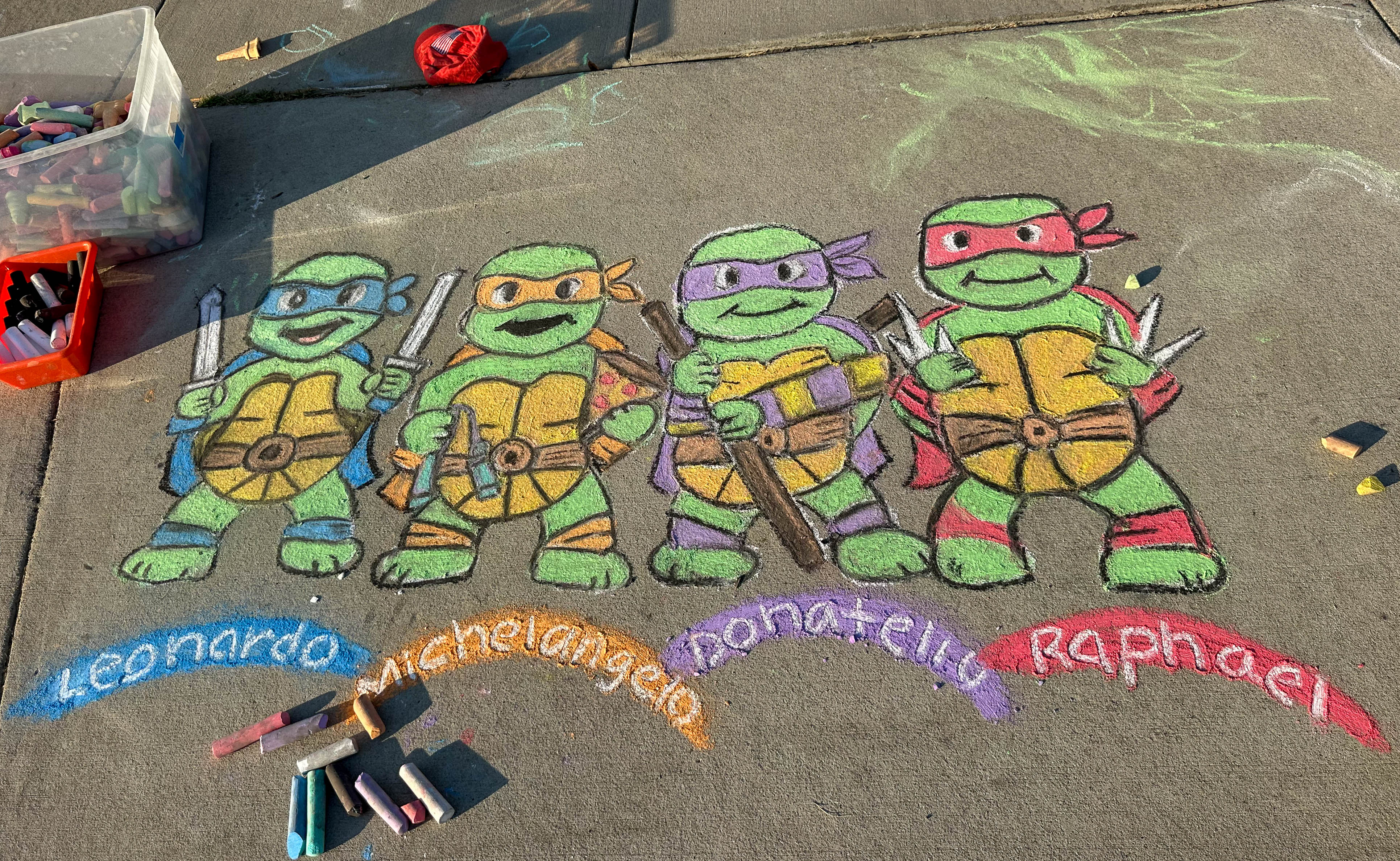 chalk art, chalk, sidewalk chalk, ninja turtles, ninja turtle chalk, chalk fun, summer, toddler, boy mom, chalk tutorial