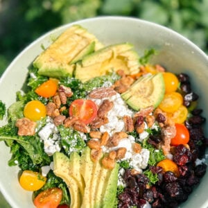spring kale salad, goat cheese, candied pecans, candied walnuts, arctic seasoning, cranberries, tomatoes, avocado, healthy, dinner, kale salad, pasta kale salad, summer salad, healthy eating, chicken, dutch oven cooked chicken, recipes