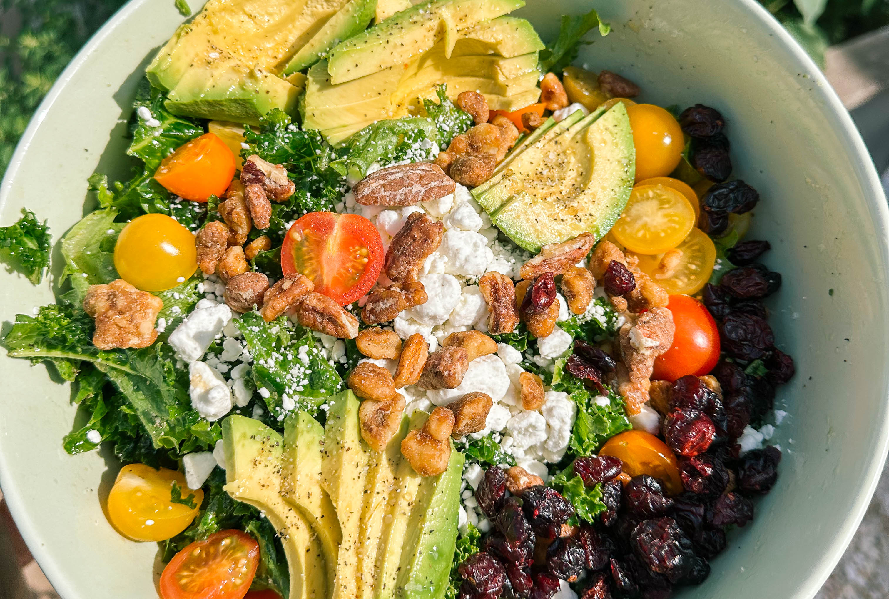 spring kale salad, goat cheese, candied pecans, candied walnuts, arctic seasoning, cranberries, tomatoes, avocado, healthy, dinner, kale salad, pasta kale salad, summer salad, healthy eating, chicken, dutch oven cooked chicken, recipes
