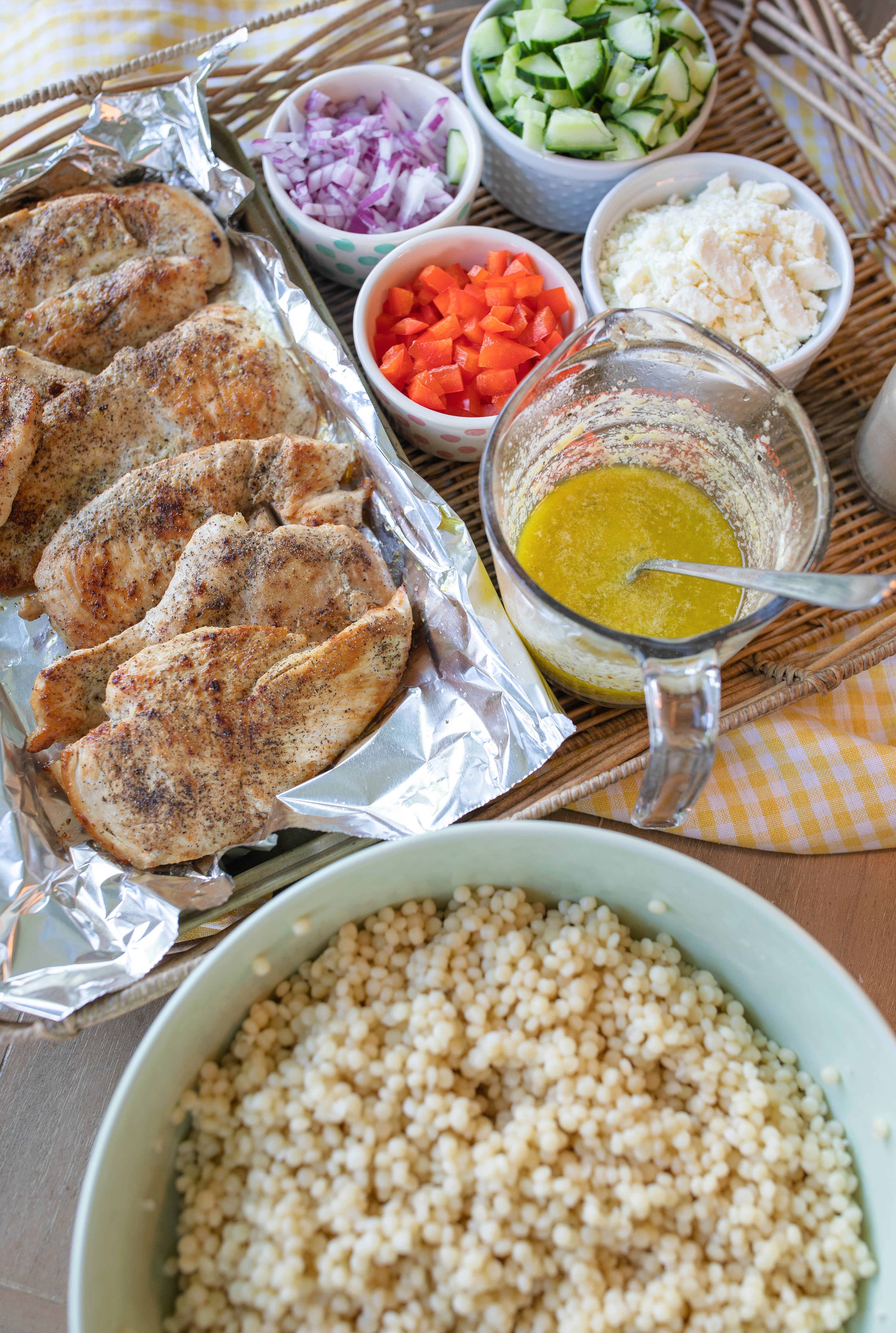 couscous, pasta salad, feta, dinner, chicken, family dinner, healthy, chicken, protein, meal prep, easy recipe, couscous recipe, pasta salad