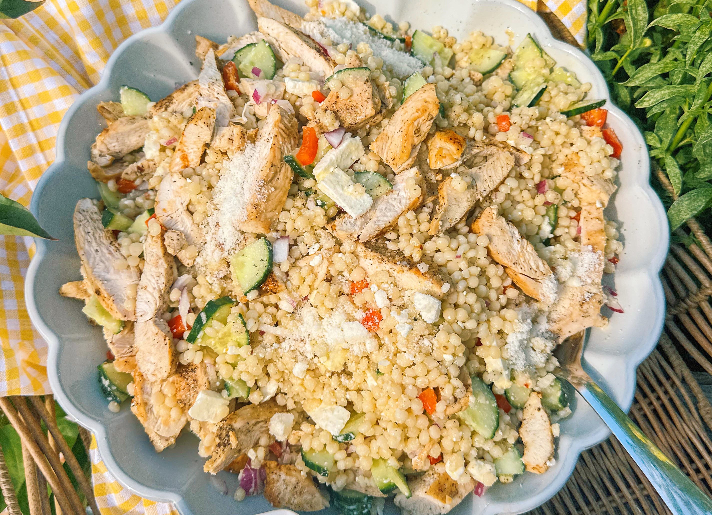 couscous, pasta salad, feta, dinner, chicken, family dinner, healthy, chicken, protein, meal prep, easy recipe, couscous recipe, pasta salad