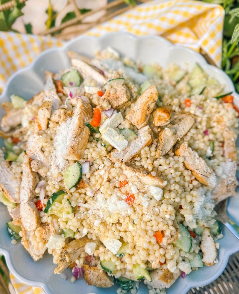 couscous, pasta salad, feta, dinner, chicken, family dinner, healthy, chicken, protein, meal prep, easy recipe, couscous recipe, pasta salad