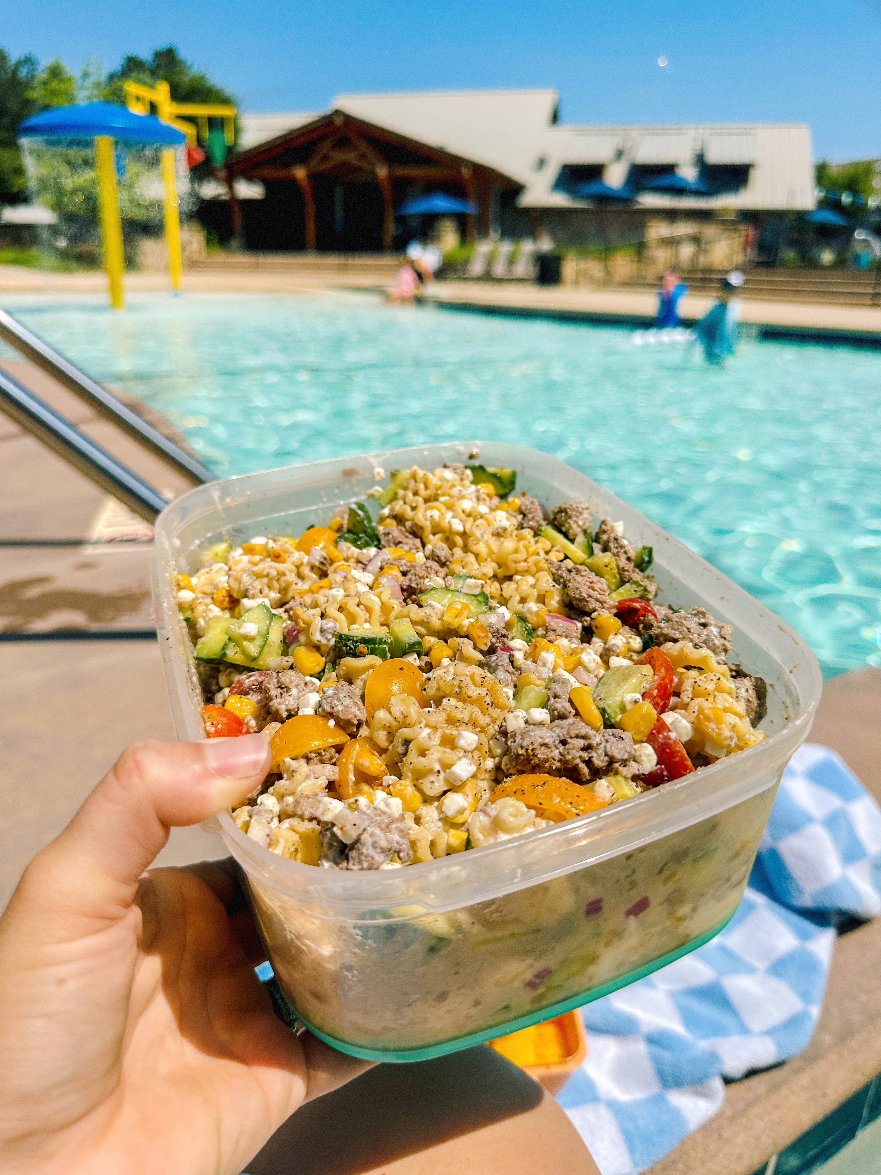 protein pasta, protein recipe, cottage cheese, ground beef, organic, poolside, fit for summer, healthy recipes, summer pasta salad, garden vegetables, fresh recipe, fresh food, what to bring to the pool, easy snack, cottage cheese pasta, ground beef pasta, arctic seasoning