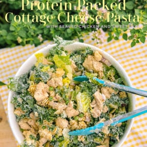 cottage cheese protein caesar pasta, protein pasta salad, cottage cheese pasta sauce, caesar cottage cheese dressing, protein pasta, brami protein pasta, chicken, healthy eating, kale, low carb, parmesan, lunch, summer, healthy food