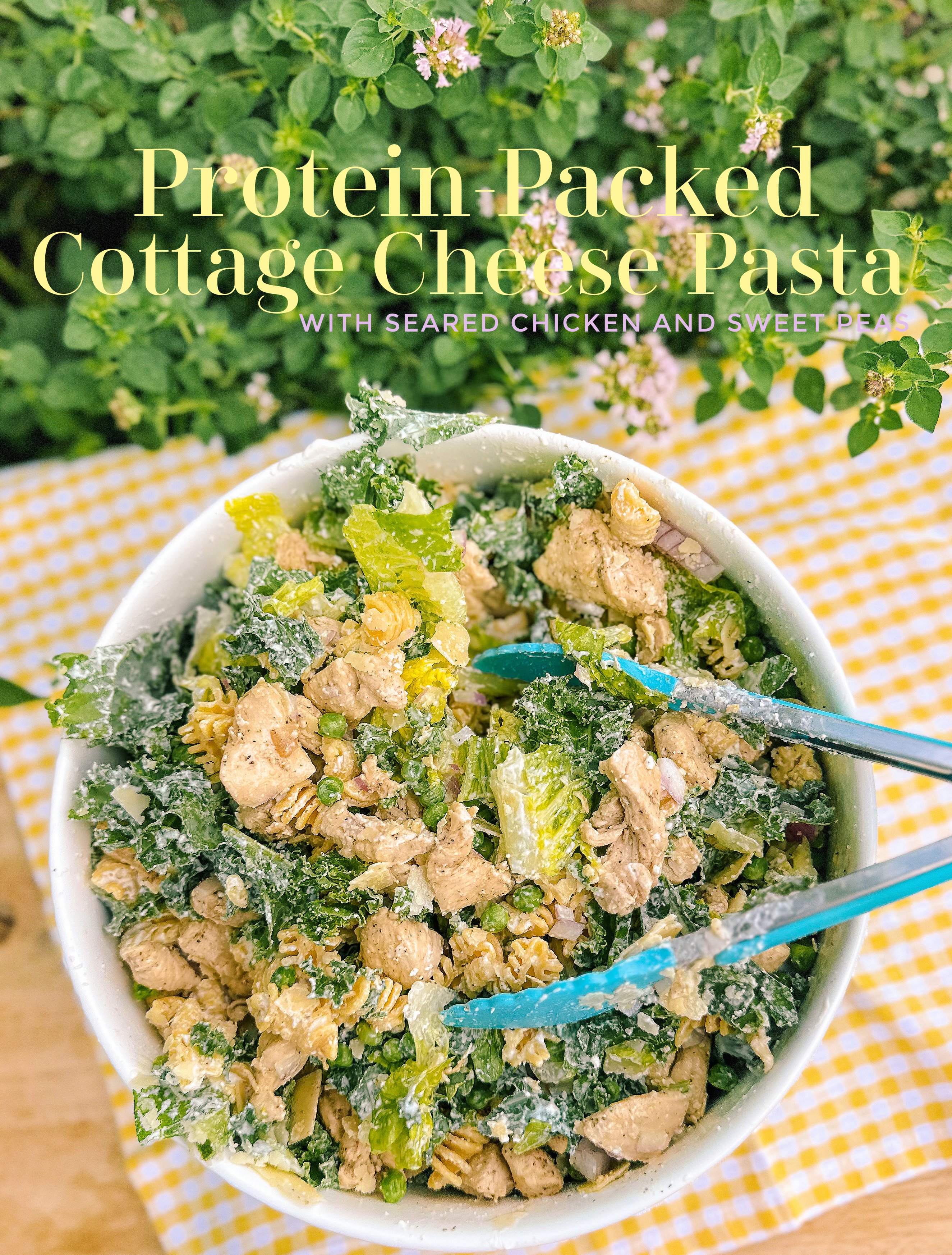 cottage cheese protein caesar pasta, protein pasta salad, cottage cheese pasta sauce, caesar cottage cheese dressing, protein pasta, brami protein pasta, chicken, healthy eating, kale, low carb, parmesan, lunch, summer, healthy food