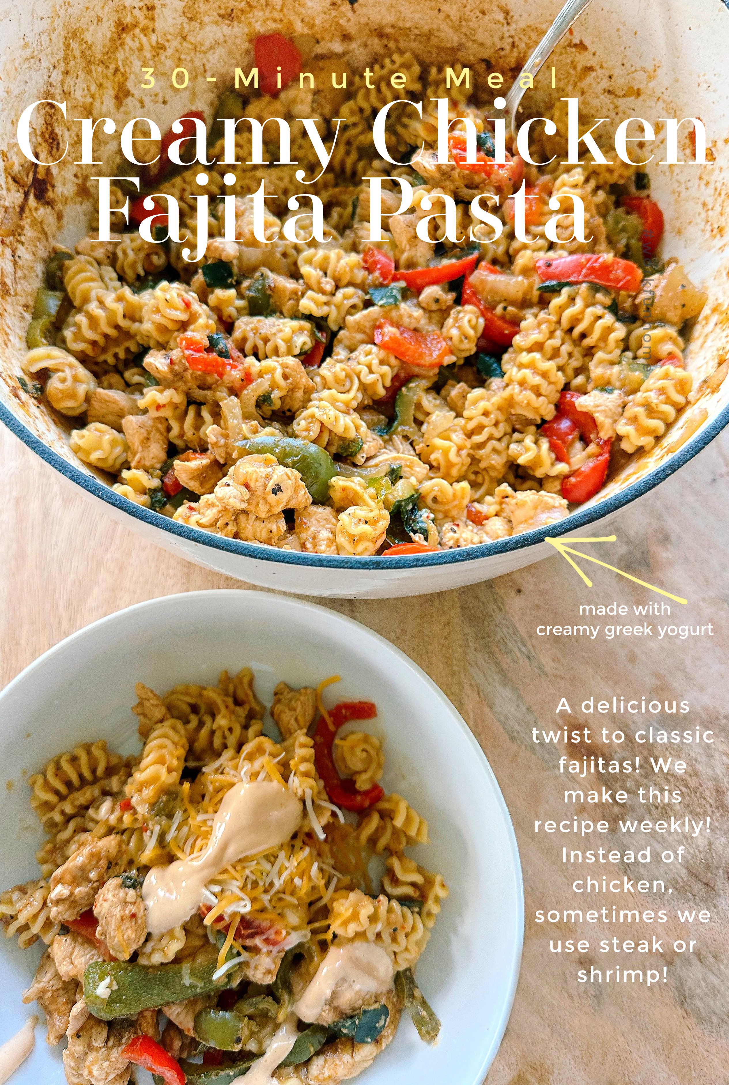 fajitas, chicken fajita pasta, pasta, dinner, high protein, easy dinner, greek yogurt, healthy meals, easy meals, siete fajita, organic, healthy food for my family, gluten free