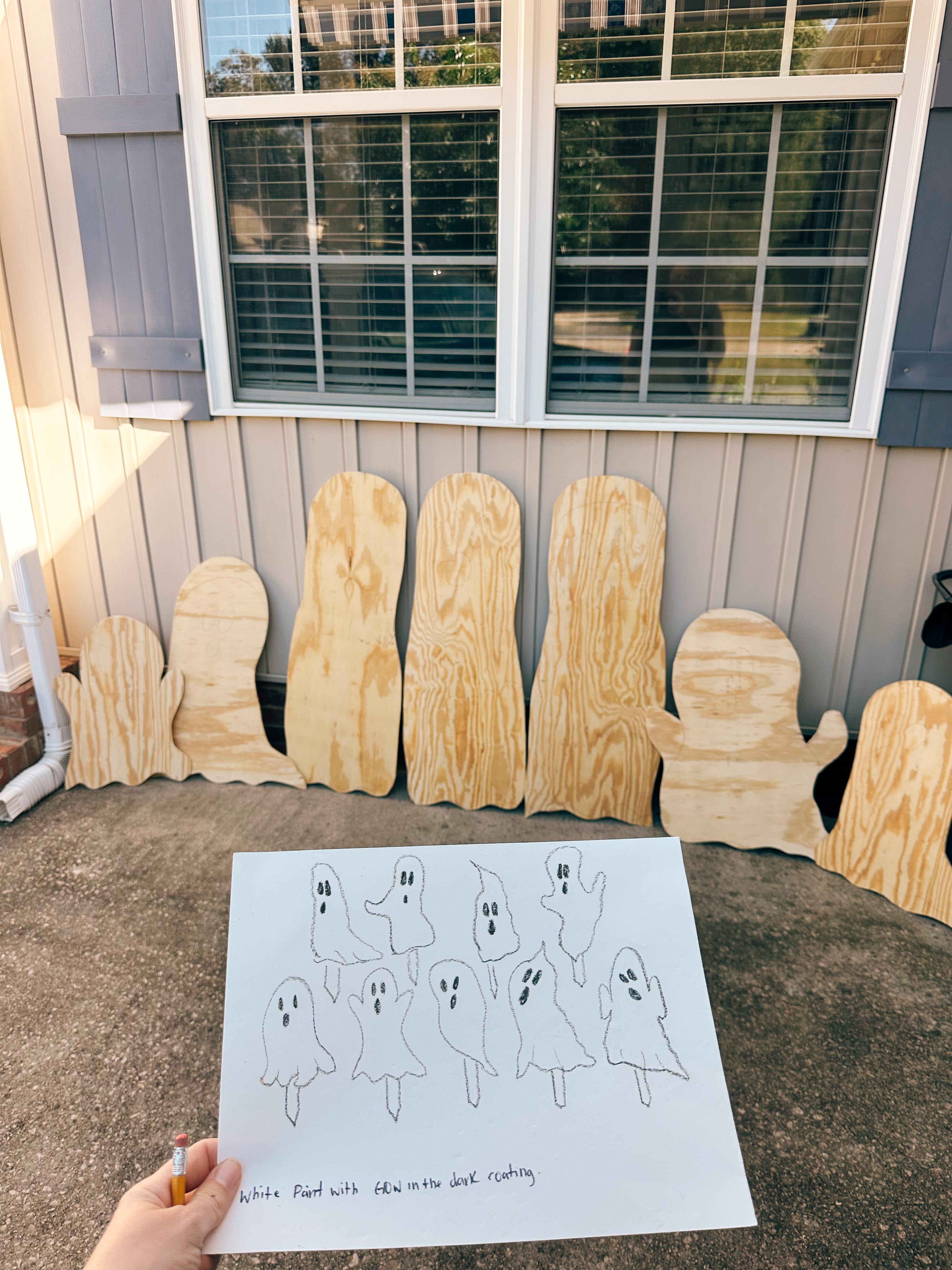 DIY wood cut out yard ghosts