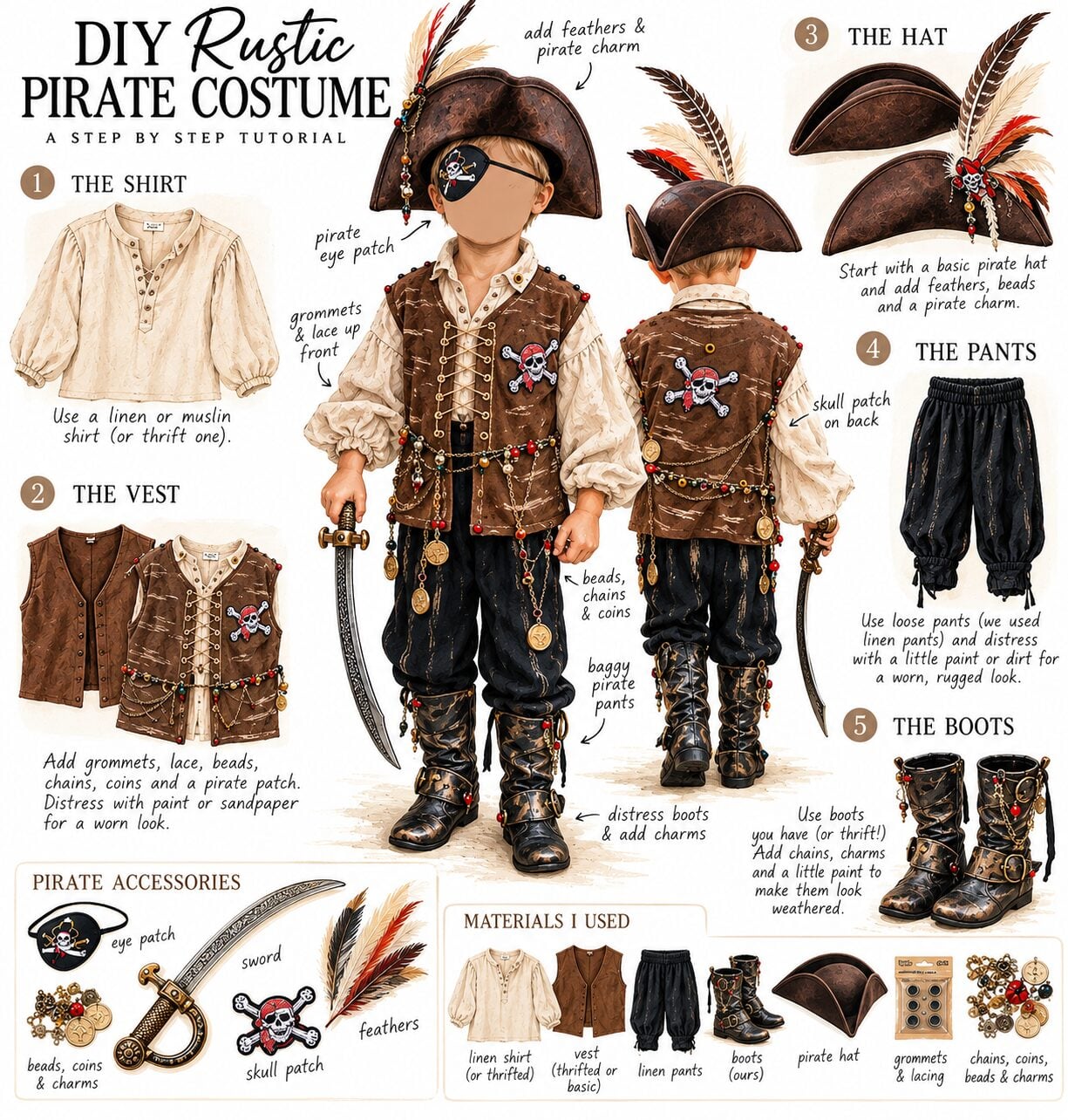 pirate costume, rustic pirate, todder pirate diy, DIY toddler costume, jewels, pirate boots kids, boys pirate costume, homemade pirate costume, halloween costume idea